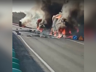 Два грузовика и бензовоз загорелись под Екатеринбургом. Видео