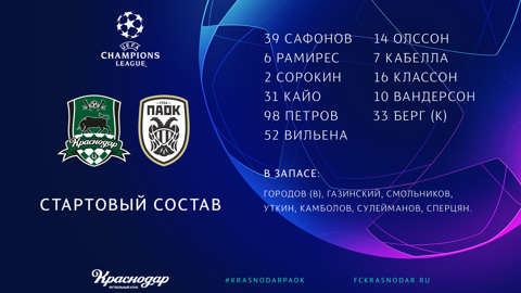 "Краснодар" – ПАОК: стали известны составы на игру