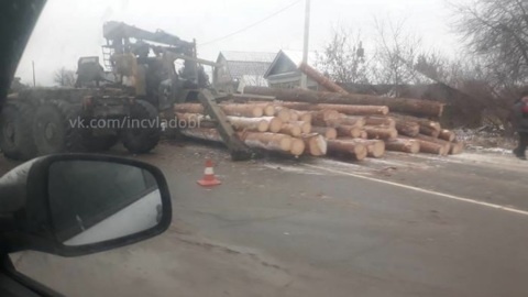 Во Владимирской области лесовоз опрокинул бревна на легковушку