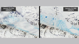Количество талой ледниковой воды, показана синим, в Антарктиде в январе 2018 года (слева) и в январе 2020 года (справа).