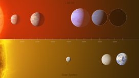 Эта инфографика позволяет сравнить систему экзопланет L 98-59 (вверху) с внутренней частью Солнечной системы (Меркурий, Венера и Земля). Сходство между ними очевидно.