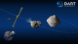 На схеме миссии DART показано попадание космического аппарата в спутник астероида (65803) Дидимос.