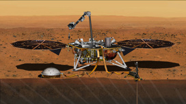 Марсианский посадочный модуль InSight, полностью развёрнутый для изучения недр Марса (в интерпретации художника).