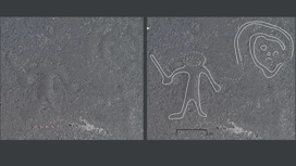 Безголовый человек с оружием в руке и летающей рядом головой. Возможно, здесь изображён некий ритуала. Слева — фото без обработки, справа рисунок выделен белыми линиями.