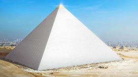 Реконструкция внешнего вида пирамиды Хеопса, полностью покрытой белым известняком.