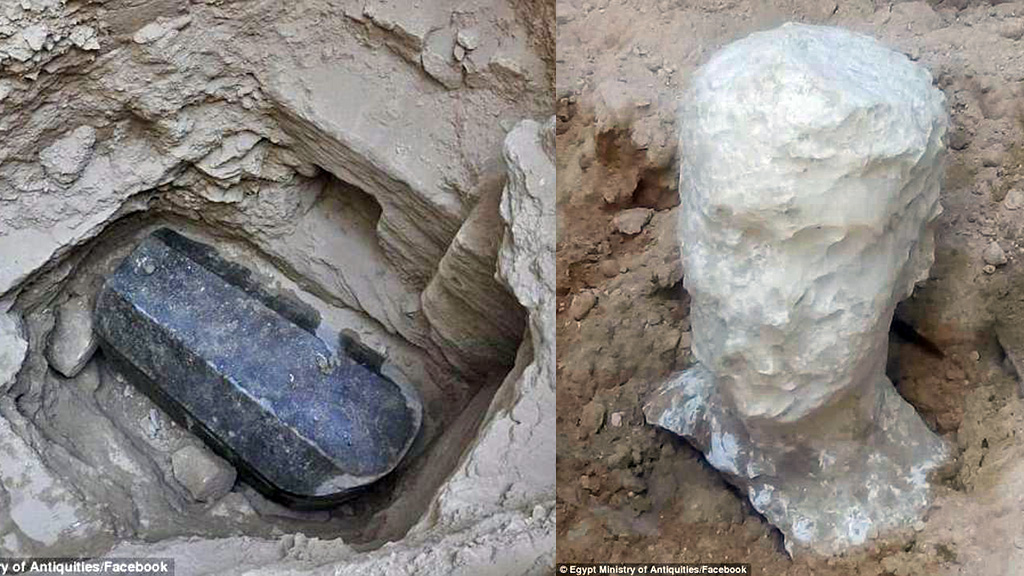 Черный саркофаг и белая голова, обнаруженные в Александрии. Фото: Egypt Ministry of Antiquities