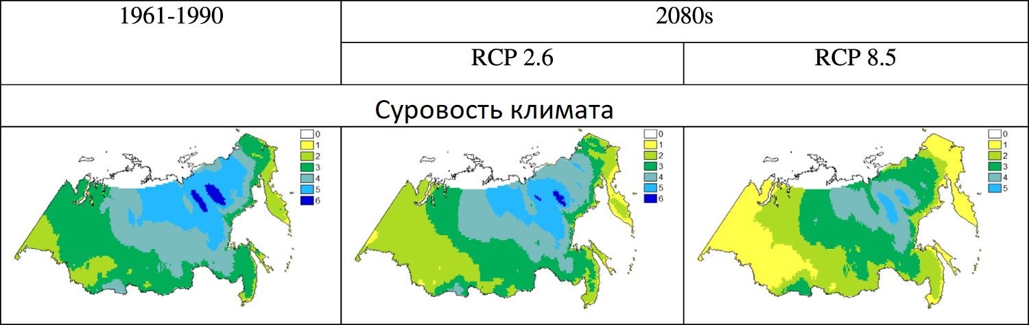 Суровость климата в 1961-1990 годы и по прогнозам на 2080-е.