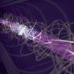 Художественное изображение траекторий атома антиводорода в магнитной ловушке  до (показано серым) и после (показано голубым) лазерного охлаждения.