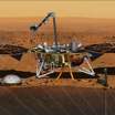Марсианский посадочный модуль InSight, полностью развёрнутый для изучения недр Марса (в интерпретации художника).