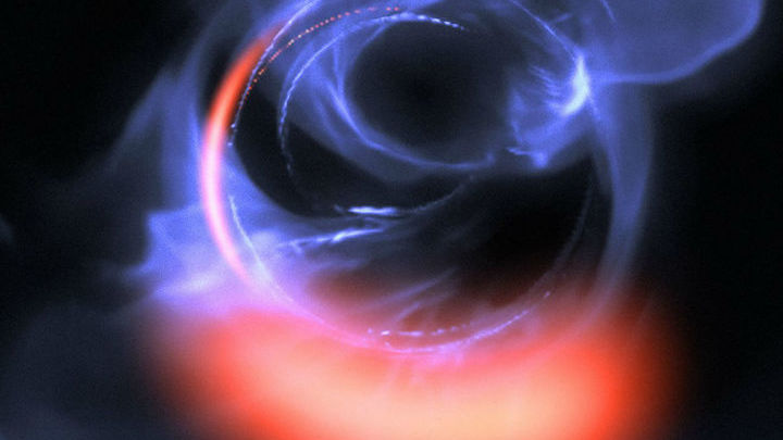 Так выглядит вспышка вещества, падающего в чёрную дыру с последней устойчивой орбиты (компьютерное моделирование).