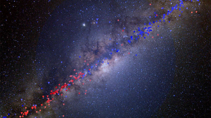 Индикаторы кривой вращения, использованные в исследовании, наложенные на изображение Млечного Пути. Красным и синим цветом выделены объекты, двигающиеся в разные стороны относительно наблюдателя на Земле 