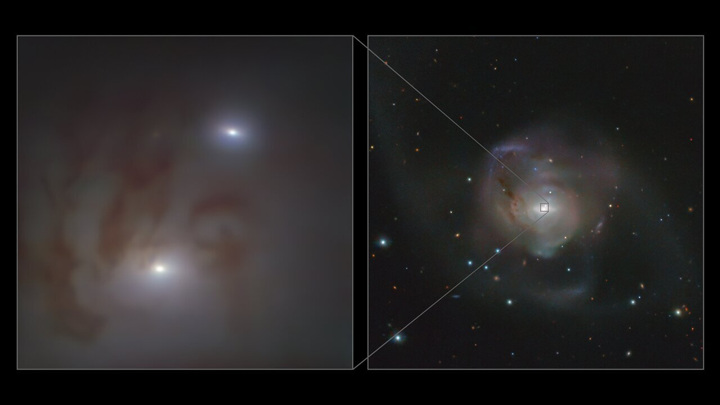 На этом изображении показаны два ярких ядра галактики NGC 7727 крупным (слева) и широким (справа) планом, в каждом из которых находится сверхмассивная чёрная дыра.