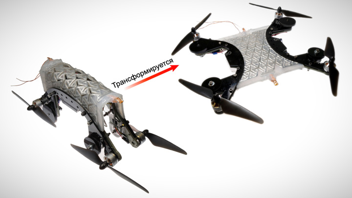 Гибкий композитный материал, из которого сделан эндоскелет робота, позволяет ему превращаться из ровера в летающий беспилотник за считанные секунды. Перевод Вести.Ru.