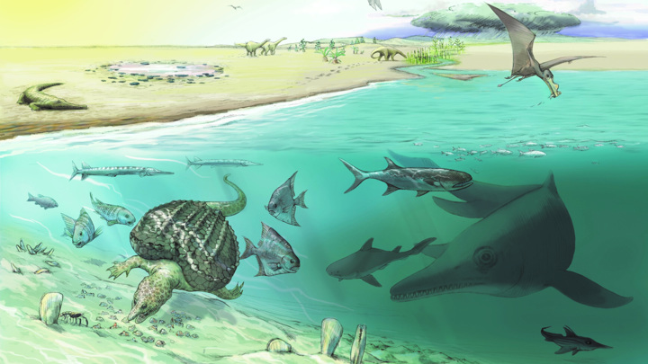 Среда обитания и животные, обнаруженные вместе с гигантскими ихтиозаврами, в представлении художника.